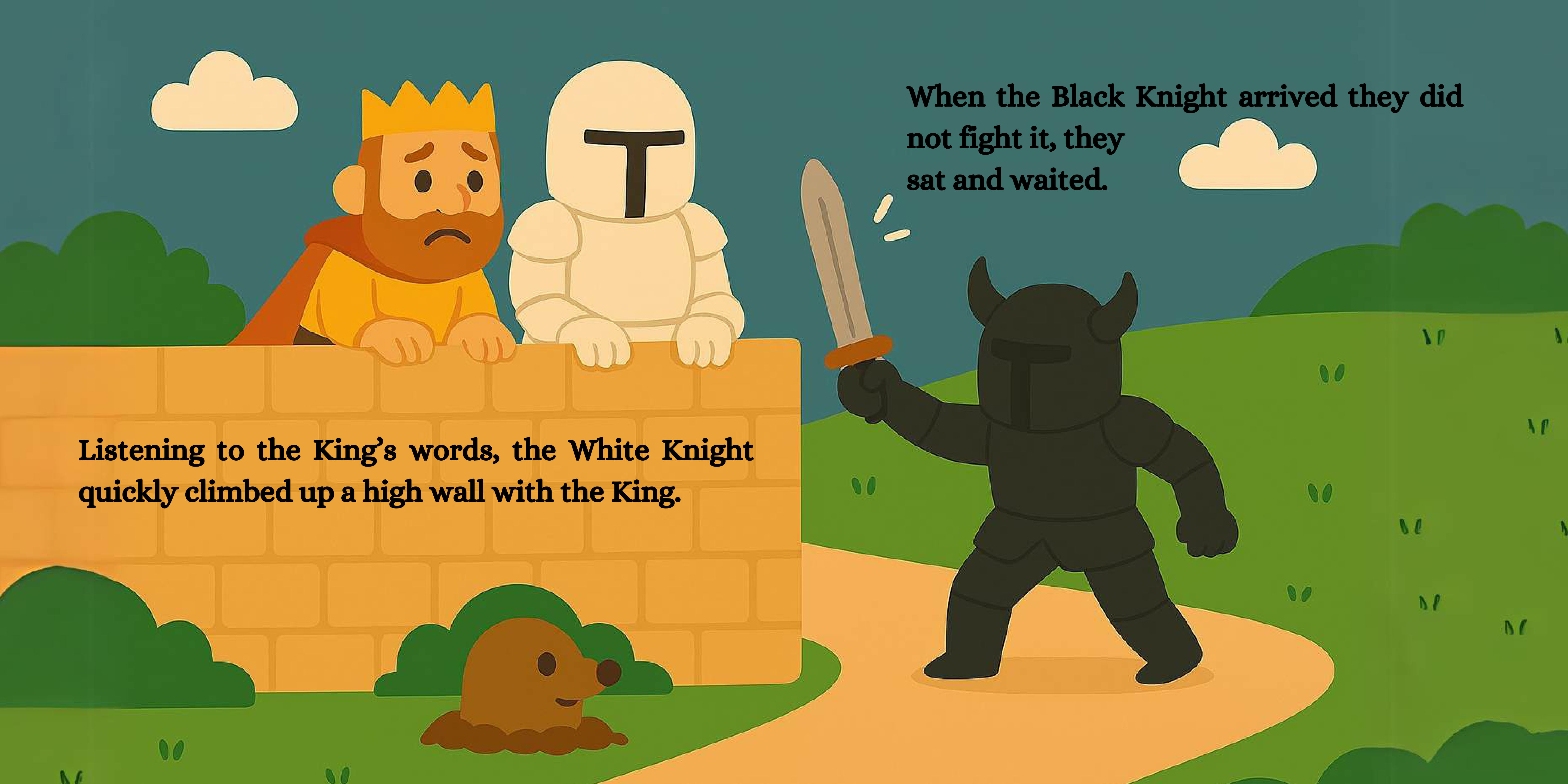 The King and White Knight waiting on a high wall while the Black Knight stands below